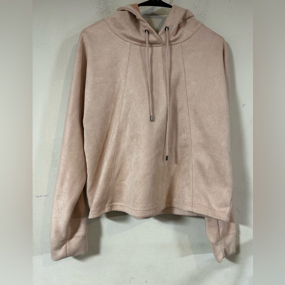 Magaschoni Hoodie Sweater Pastel Pink Solid Pullover Faux Suede Cropped Large - Picture 1 of 4